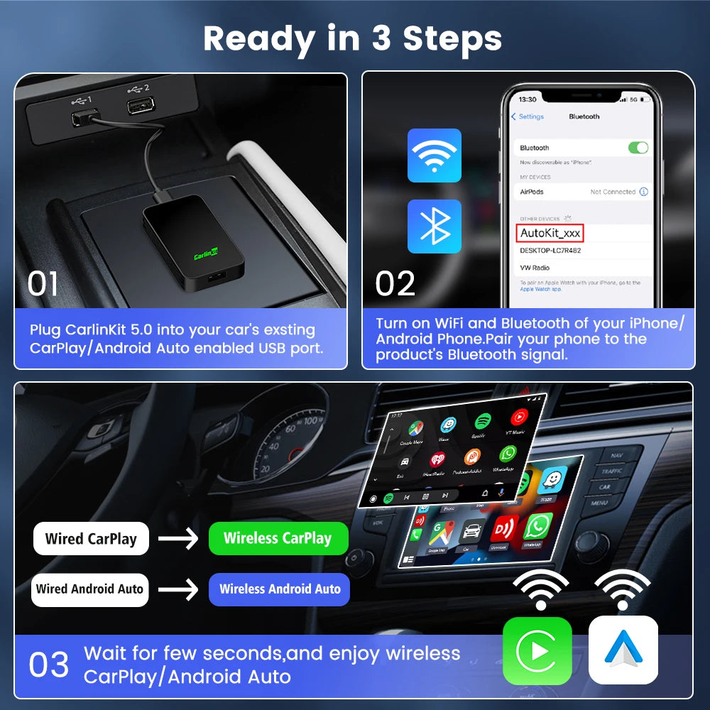 2024  5.0 2Air Wireless Android Auto Box Portable Carplay Wireless Dongle for Car Radio with Wired Carplay/Android Auto