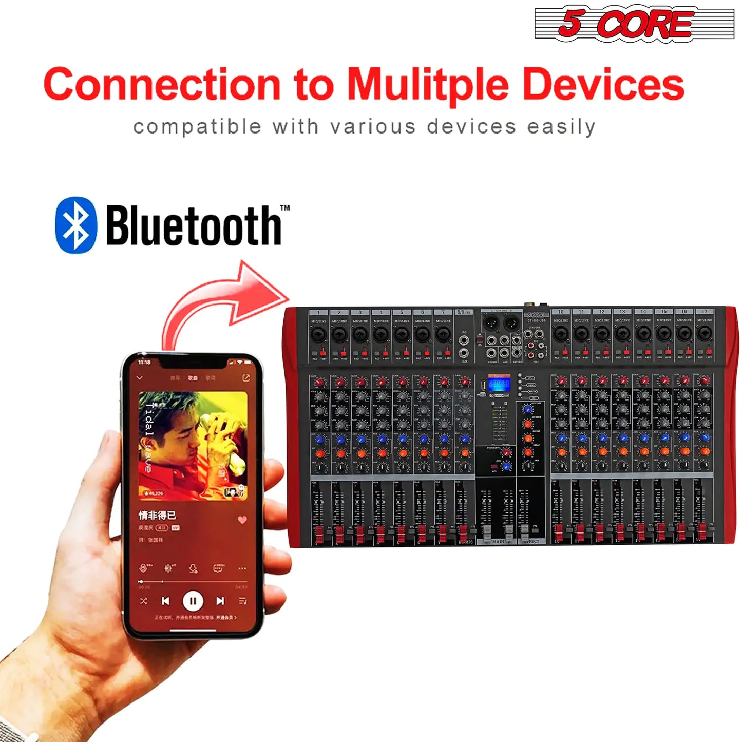 5 Core 16-Channel Audio Mixer with Bluetooth and USB-Mezclador de Audio 5 Core de 16 Canales con Bluetooth y USB