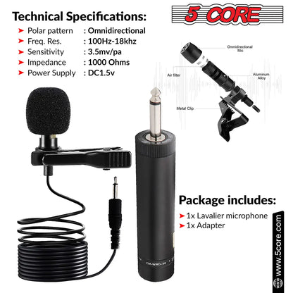 5Core Lavalier Clip-On Microphone-Microfono de Click Lavalier