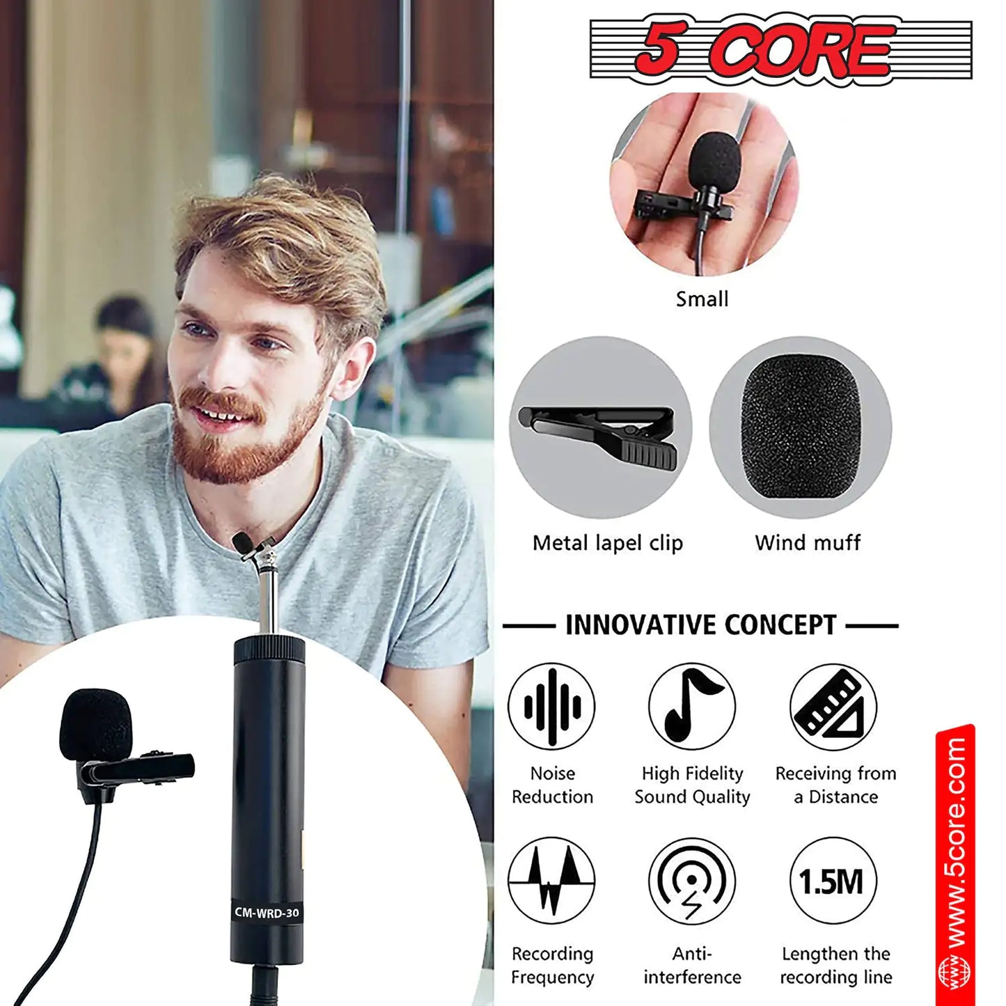 5Core Lavalier Clip-On Microphone-Microfono de Click Lavalier