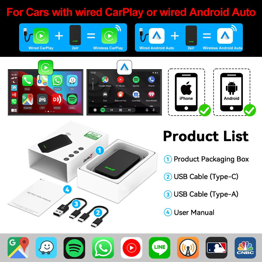 2024  5.0 2Air Wireless Android Auto Box Portable Carplay Wireless Dongle for Car Radio with Wired Carplay/Android Auto